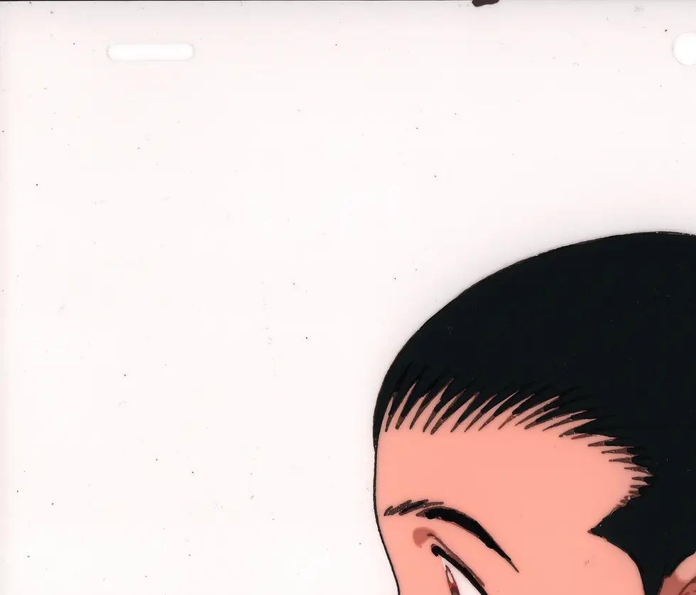 Thumbnail: Upper Left Detail: Upper left detail of the Golden Boy Noriko production cel showing the painted image, linework, and acetate