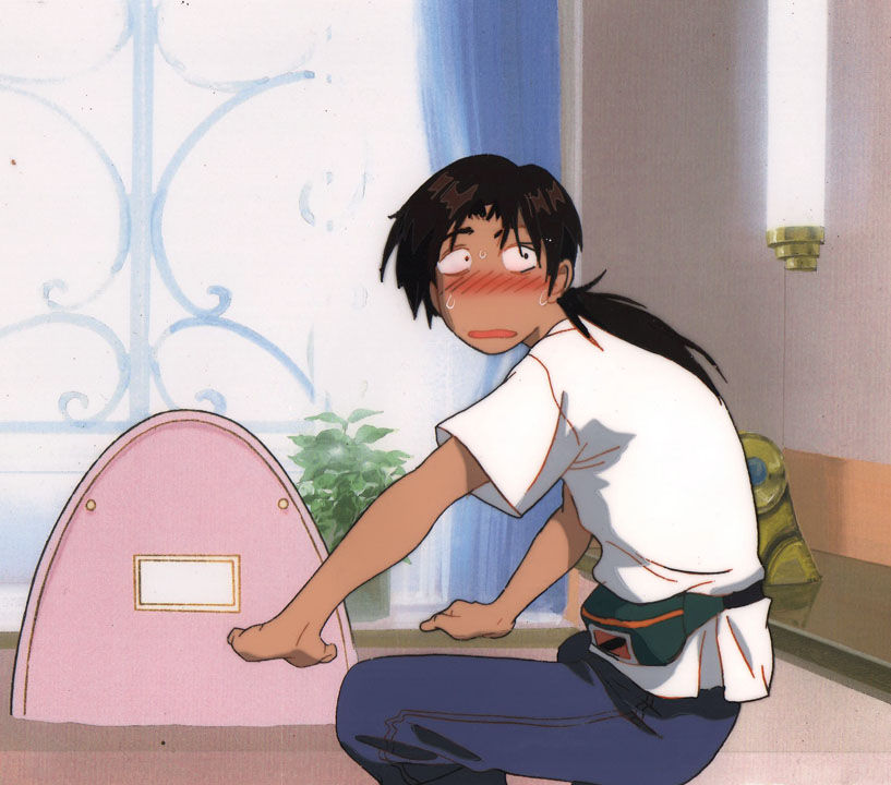 Kintaro from Golden Boy, blushing in embarrassment while kneeling beside a toilet, original production cel.