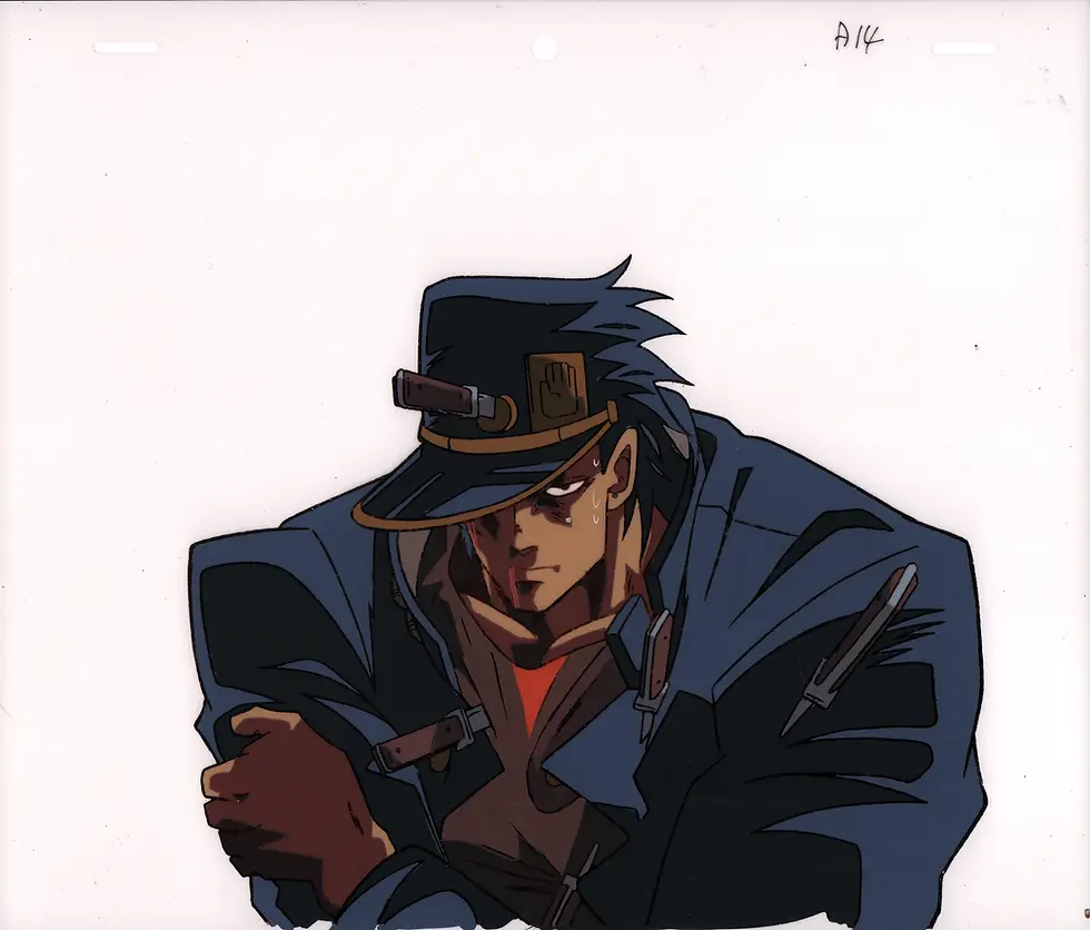 Original JoJo Jotaro production cel from Episode 13 showing a bloodied and sweating Jotaro Kujo beneath the shadow of his hat