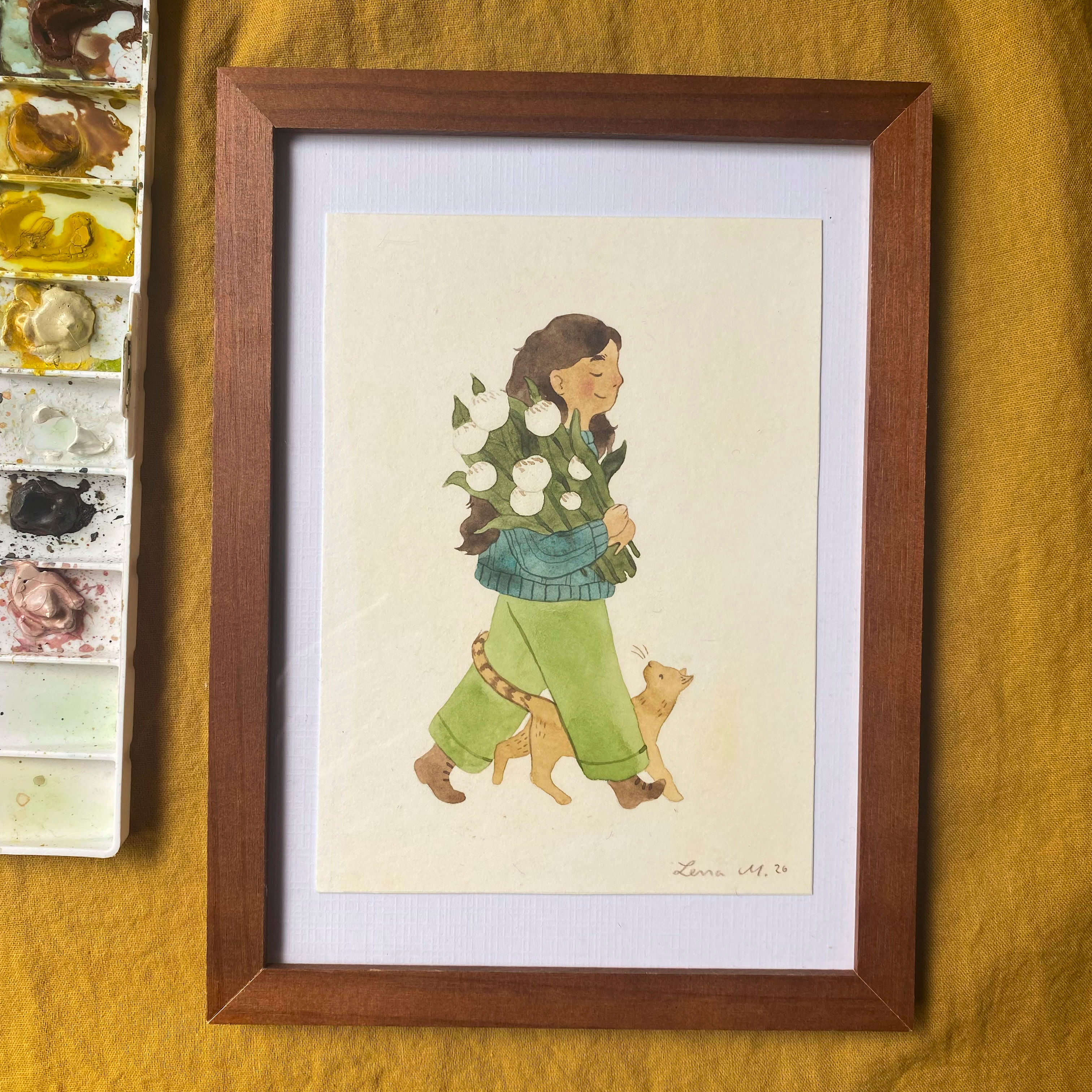 gerahmte originale Aquarell Illustration - Bringing Flowers