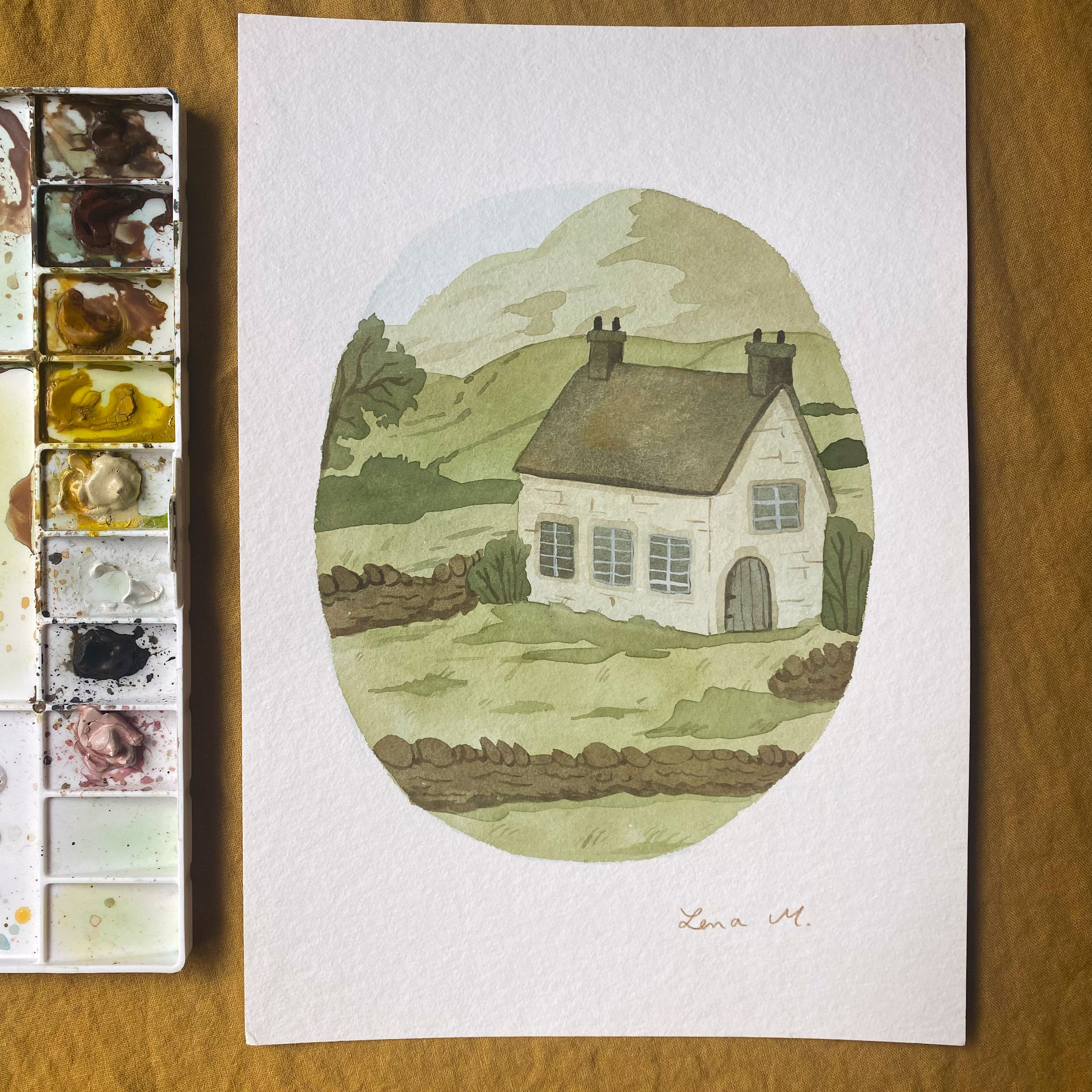 Original Aquarell Illustration - English Cottage