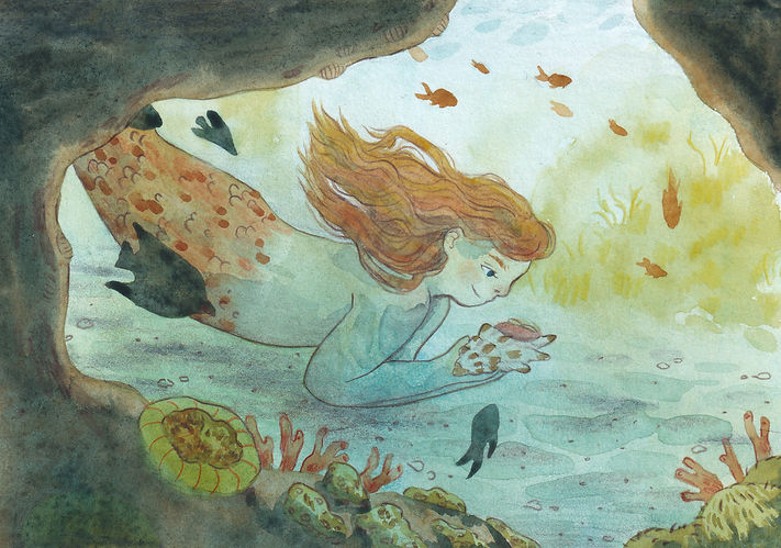 Eine illustration von einer Meerjungfrau unter Wasser, gemalt mit Gouache und Buntstiften