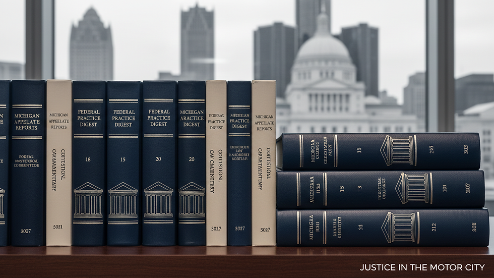 Close-up view of legal books on a wooden shelf