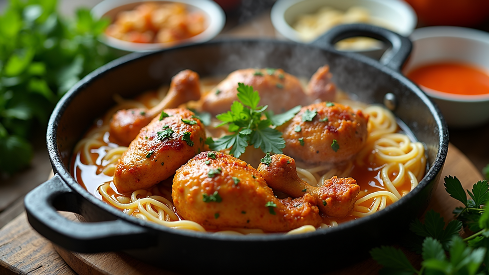 High angle view of a bubbling chicken karahi surrounded by fresh herbs