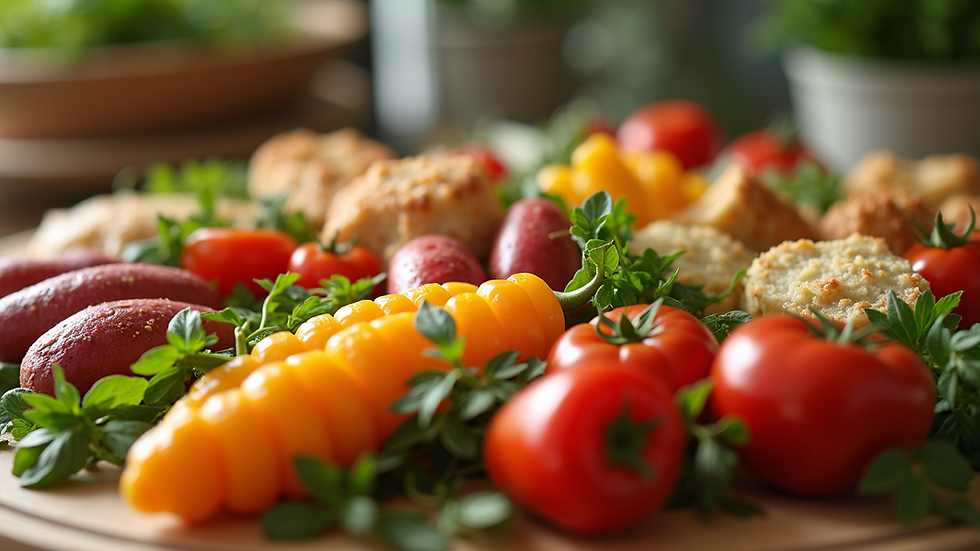 Close-up view of colorful Mediterranean spread on a buffet table