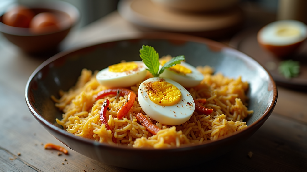 Eye-level view of a bowl of biryani topped with boiled eggs and aromatic spices