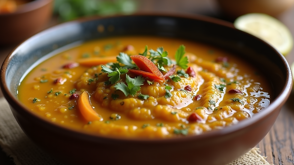 Close-up view of a bowl of haleem adorned with garnishes and spices