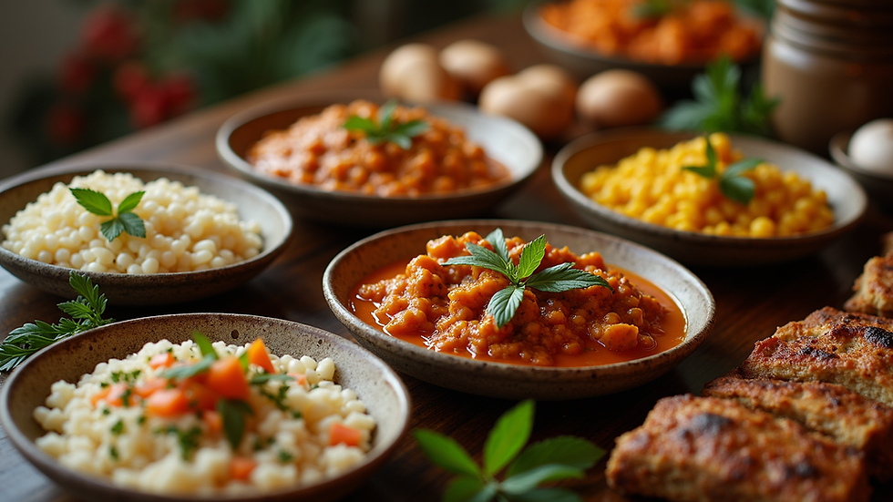 High angle view of beautifully arranged Middle Eastern dishes on a buffet table
