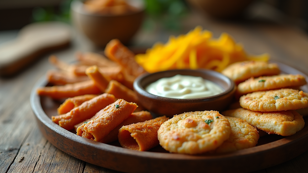 Close-up view of assorted Indian snacks arranged on a rustic wooden table