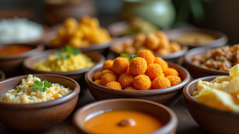 Eye-level view of assorted Indian snacks arranged in traditional bowls