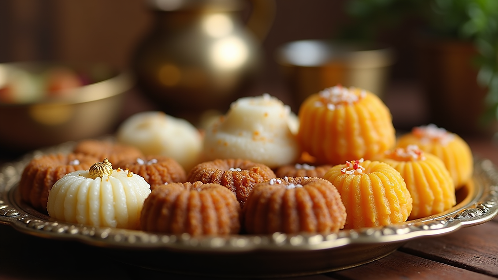 Close-up view of assorted Indian sweets arranged on a traditional brass plate