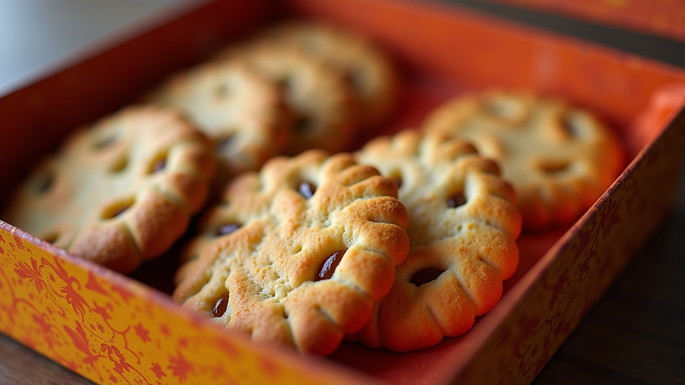 Eye-level view of a variety of Indian biscuits in a decorative box