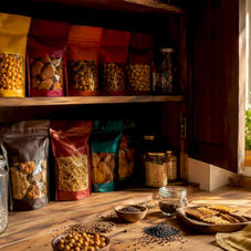 Close-up of vibrant desk snack packs with Indian spices