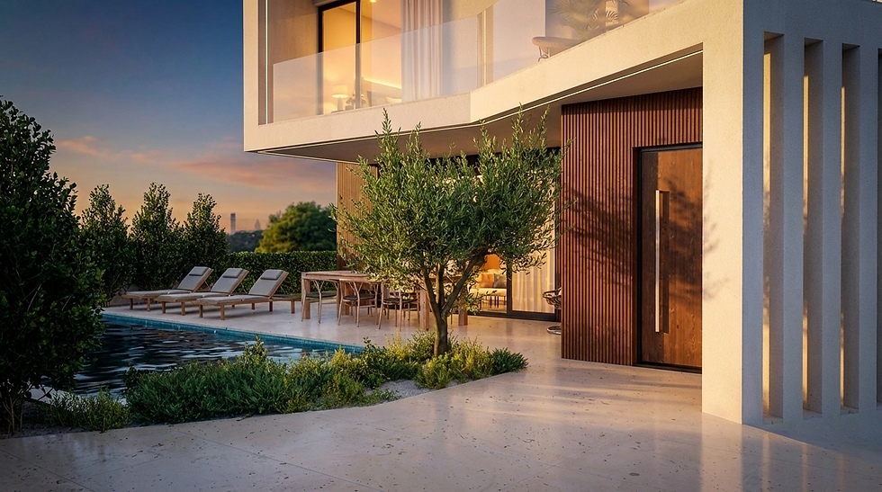 A render of a modern multi-story building with a swimming pool and lounge chairs outside, at sunset.