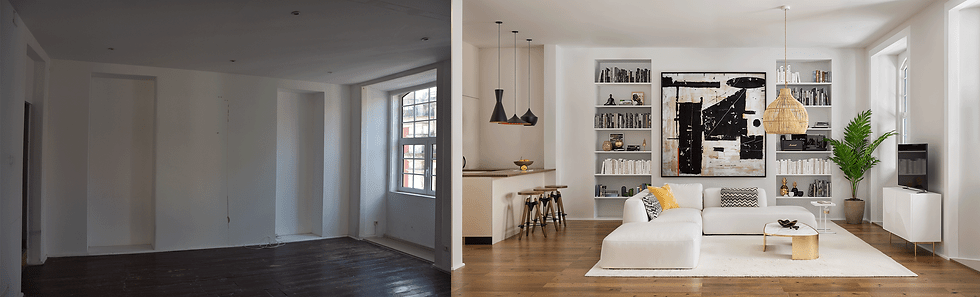 Comparação “antes e depois” de uma remodelação interior. À esquerda, a fotografia real de um espaço vazio, com chão escuro e paredes brancas simples. À direita, o render 3D do mesmo espaço após a remodelação, mostrando uma sala moderna e luminosa com sofá branco, prateleiras embutidas, decoração contemporânea e iluminação pendente sobre uma cozinha aberta.
