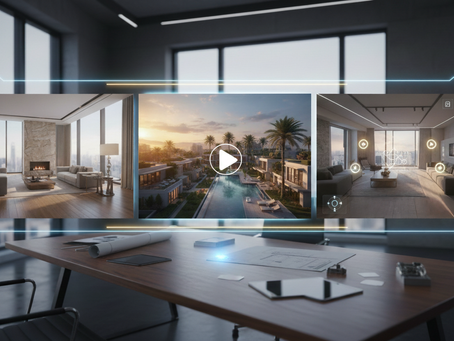 A modern office desk with an ergonomic chair in the foreground, overlaid with three digital images within futuristic neon frames. The left image shows a photorealistic interior of a luxurious living room with a city view. The central image, simulating a video with a small play symbol, displays a 3D animation of a residential development with a pool and palm trees at sunset. The right image features an interactive virtual tour interface of a modern interior, with customization options and overlaid data. This visual composition compares graphic rendering, animation, and virtual tours for architectural and real estate projects.