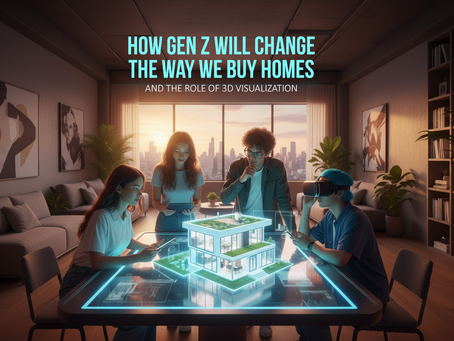 A group of Gen Z individuals, one wearing a virtual reality headset, interacting with a holographic 3D projection of a house on a futuristic table. The setting is a modern apartment with a city skyline view at sunset, symbolizing how technology and 3D visualization are revolutionizing real estate purchasing for this generation.