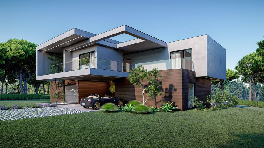 Moradia exterior; arquitetura moderna; decoração moderna; móveis modernos; Visualização de arquitetura; Archviz; Modelação 3D; construção