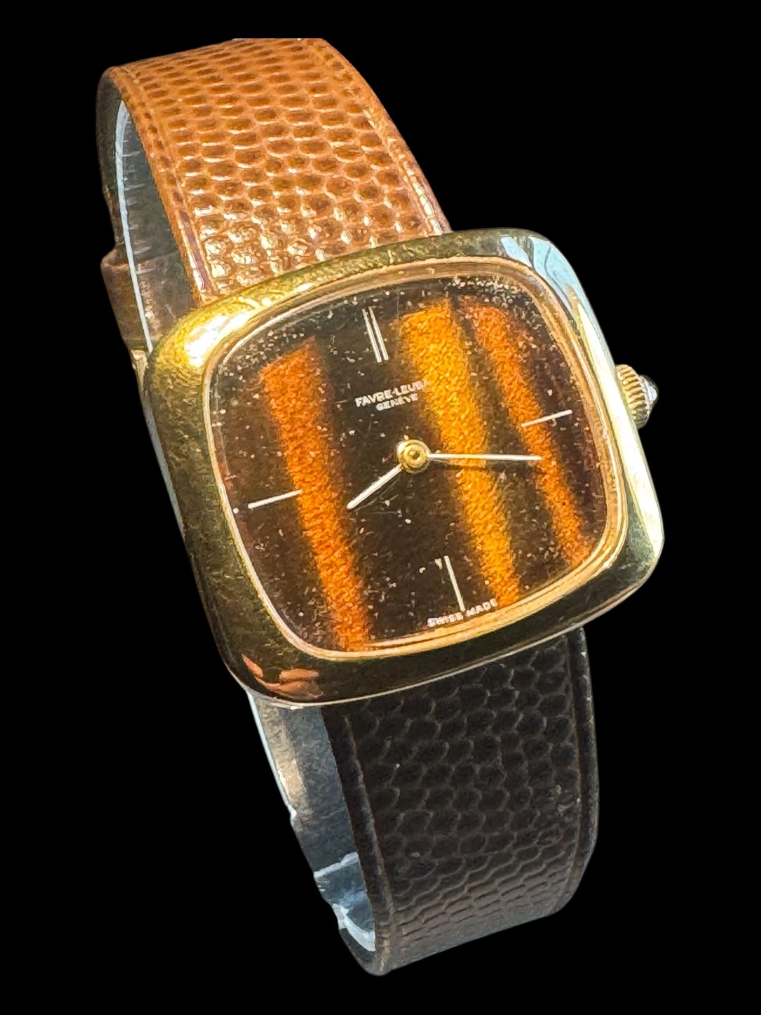 1970’s Favre Leuba Mid Size Tigers Eye set Dress Watch