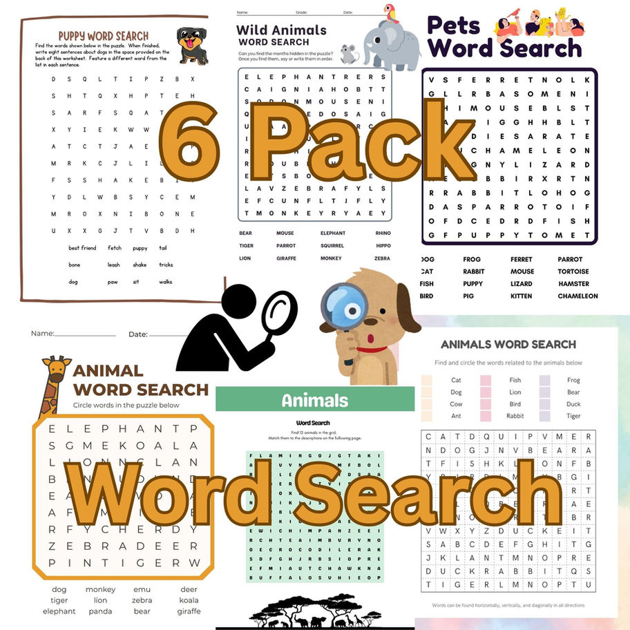 Animal-themed word search puzzles for kids – 6-page printable educational activity pack