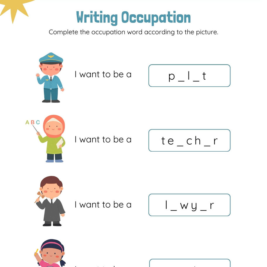 Occupation spelling worksheet where students complete missing letters in job words.