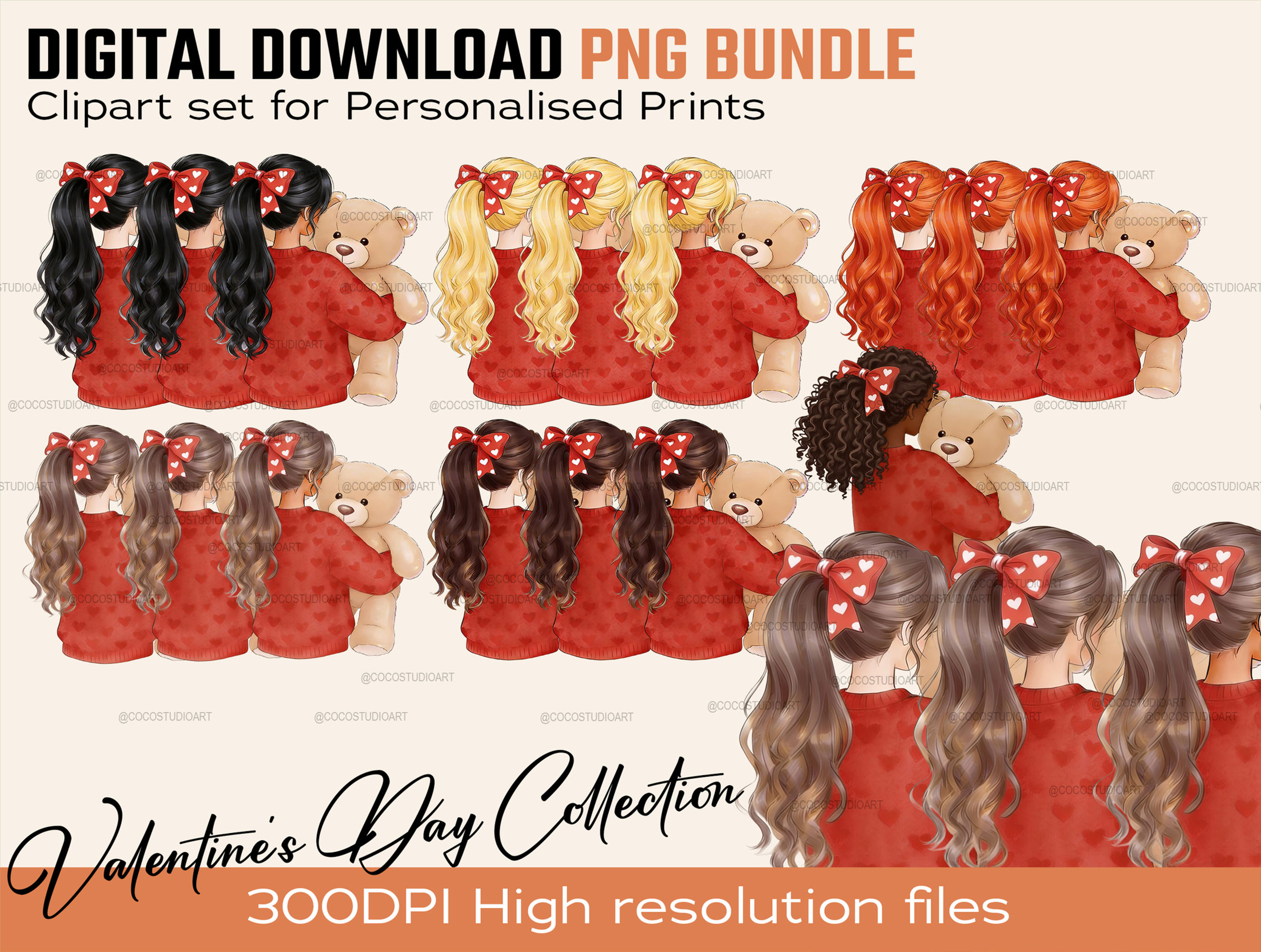 Valentine's Day Girl with Teddy CLIPART SET Digital Download