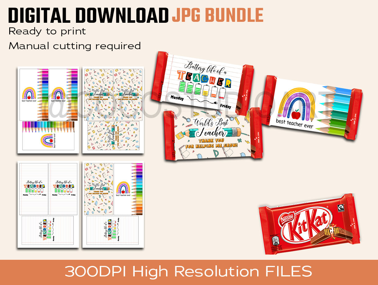 3 Designs Teacher Sleeves bundle for Kit Kat 41g chocolate Digital Download