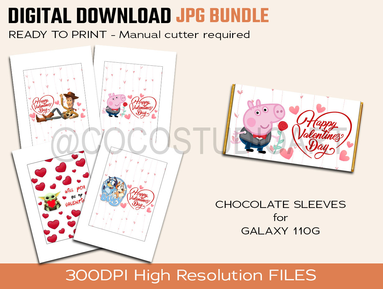 VALENTINE'S DAY BUNDLE OF 4 G Chocolate Bar SLEEVES ready to print at home