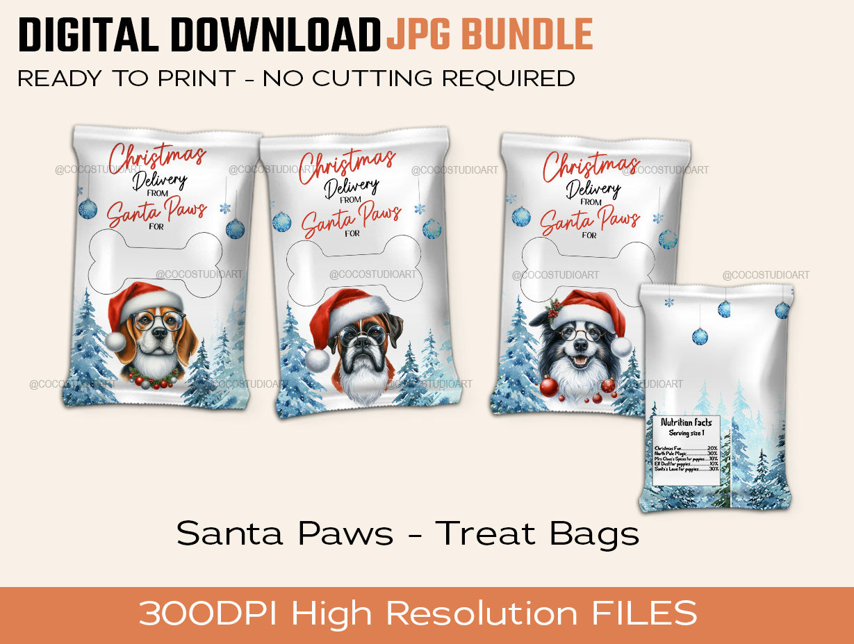 3 SANTA PAWS TREAT BAGS - BEAGLE BOARDER COLLIE BOXER MAKE AT HOME