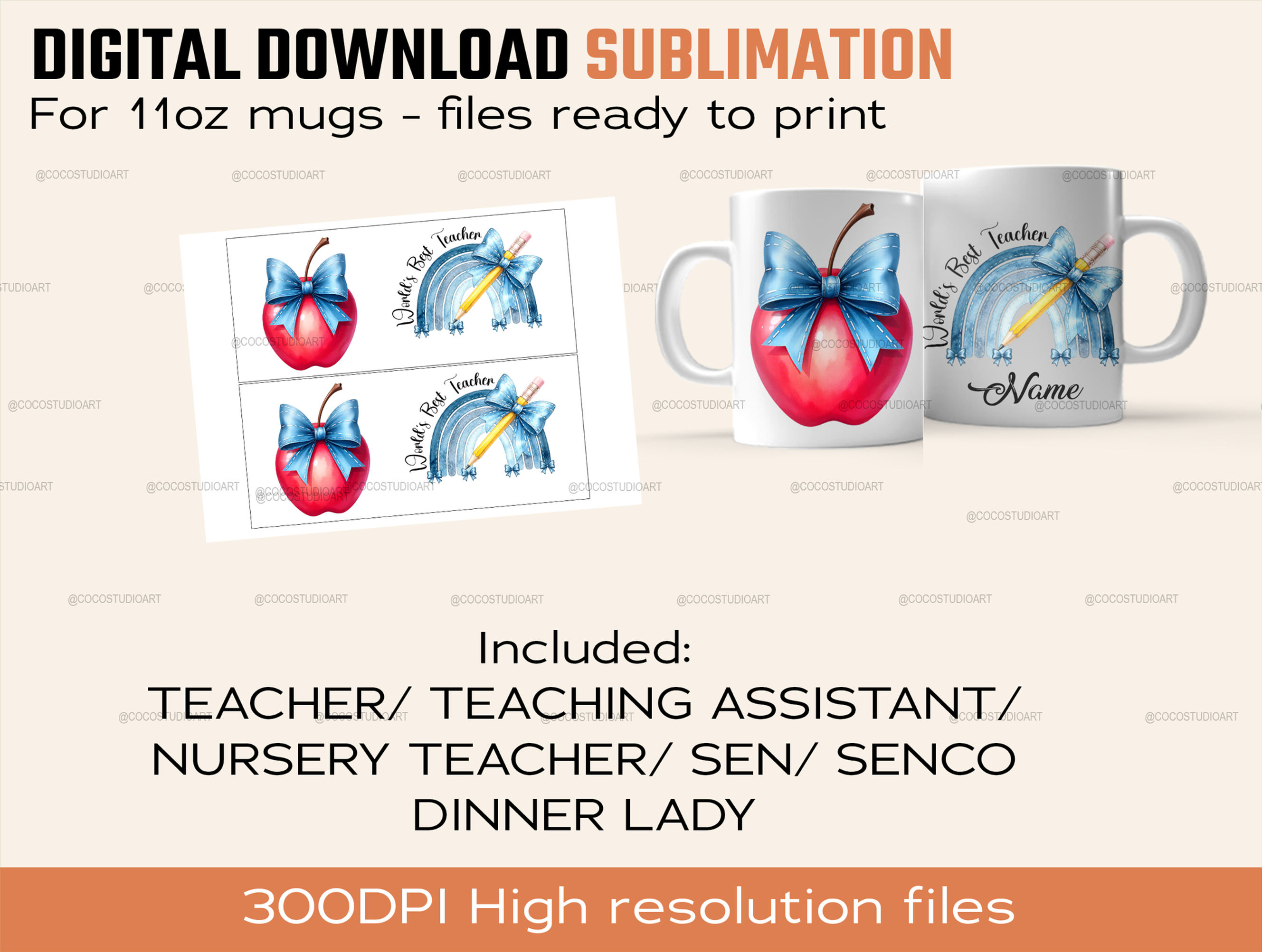 6x Teacher Mugs Sublimation file for 11oz Mugs Print at home