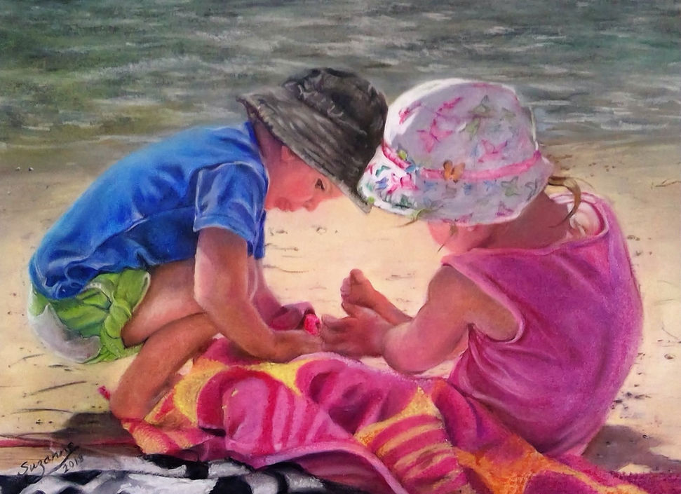 Chalk painting of children on the beach