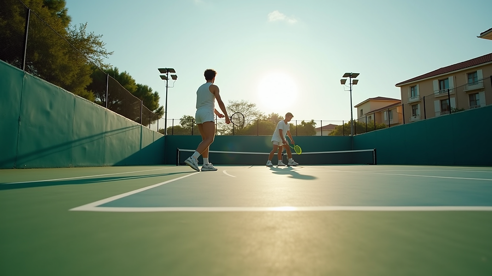 Eye-level view of a tennis court with players practicing