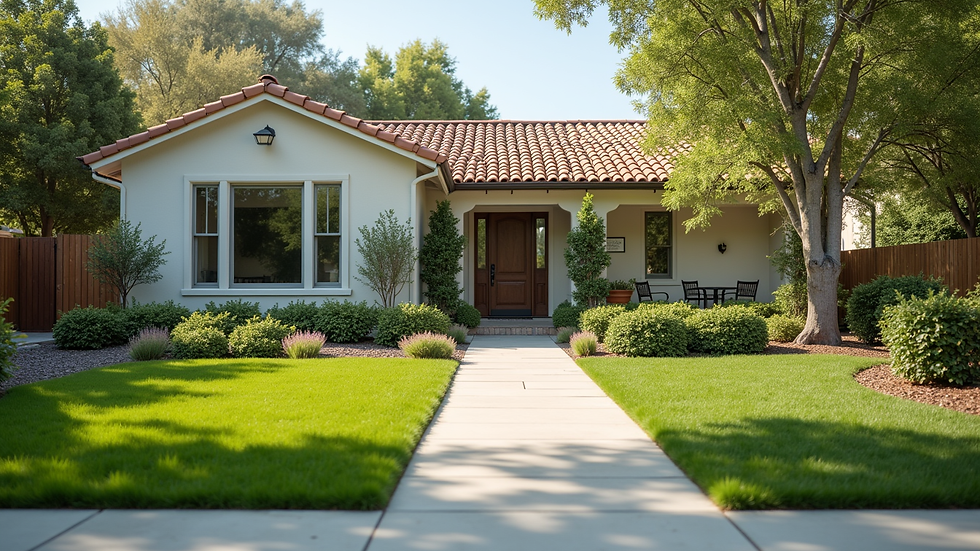 Wide angle view of a clean residential exterior with well-maintained landscaping