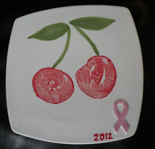 A square plate with boob prints on, the prints have been turned into cherries.