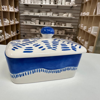 butter dish painted with a mediterranean theme