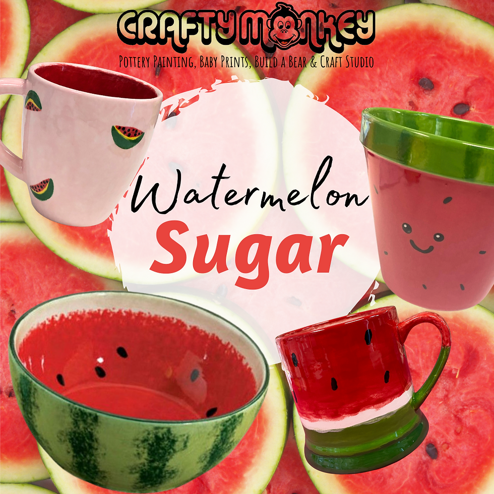 A watermelon background with the caption Watermelon Sugar and different watermelon designs painted onto pottery including mugs a bowl and a plant pot.p