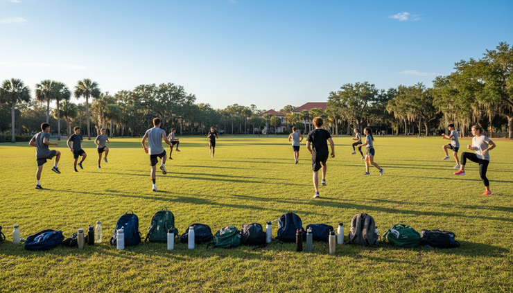 Wide-angle view of student athletes warming up on a grassy field before practice