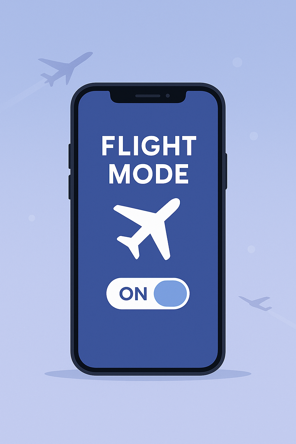 Digital illustration of a smartphone showing ‘Flight Mode ON’ with an airplane icon, representing how flight mode disables wireless signals.