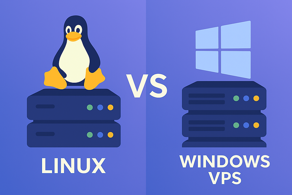 Digital illustration comparing Linux and Windows VPS servers side by side with their logos.