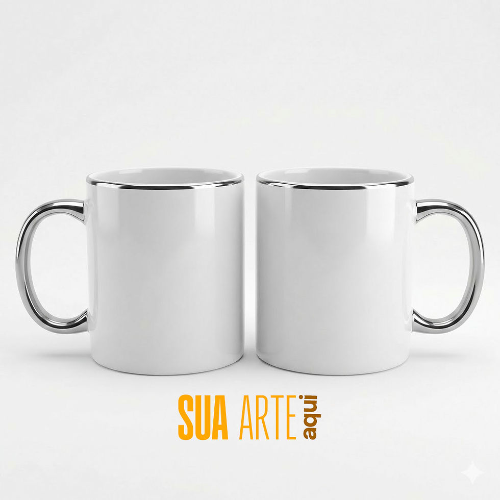 Caneca Personalizada Alça e Borda Cromada | Porcelana 325ml