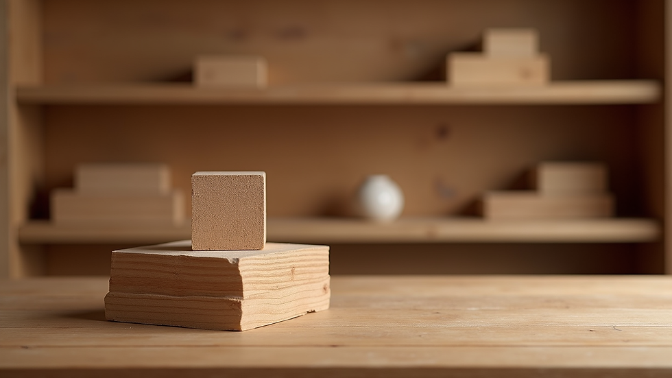 Eye-level view of a wooden shelf with blocks of sandalwood