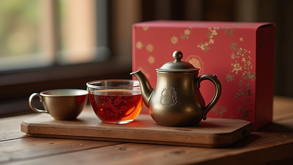Close-up view of luxury tea gift box with traditional packaging