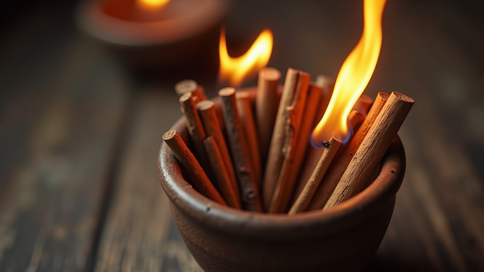 Eye-level view of burning holy wood sticks in a ceramic holder