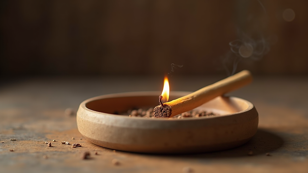 Eye-level view of burning palo santo stick in a ceramic holder