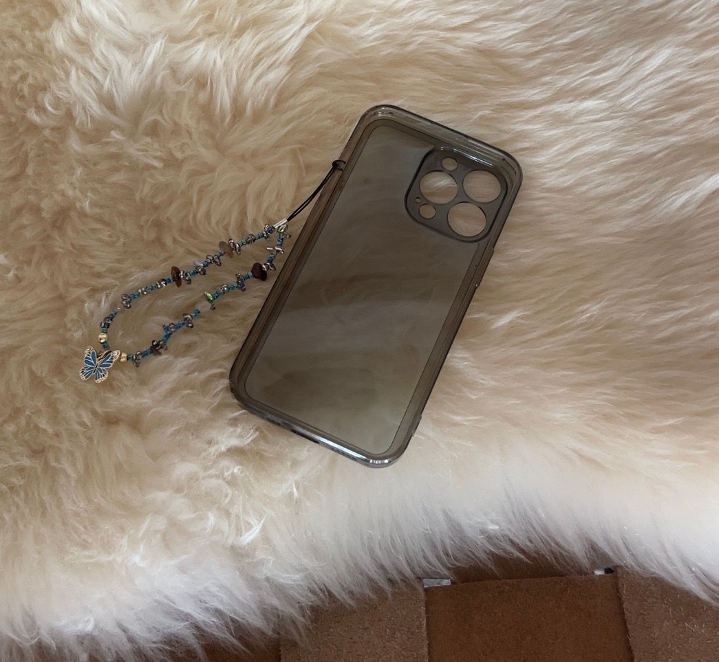 gemstone beaded cell phone case with customizable strap. crystalline wrist strap butterfly charm.