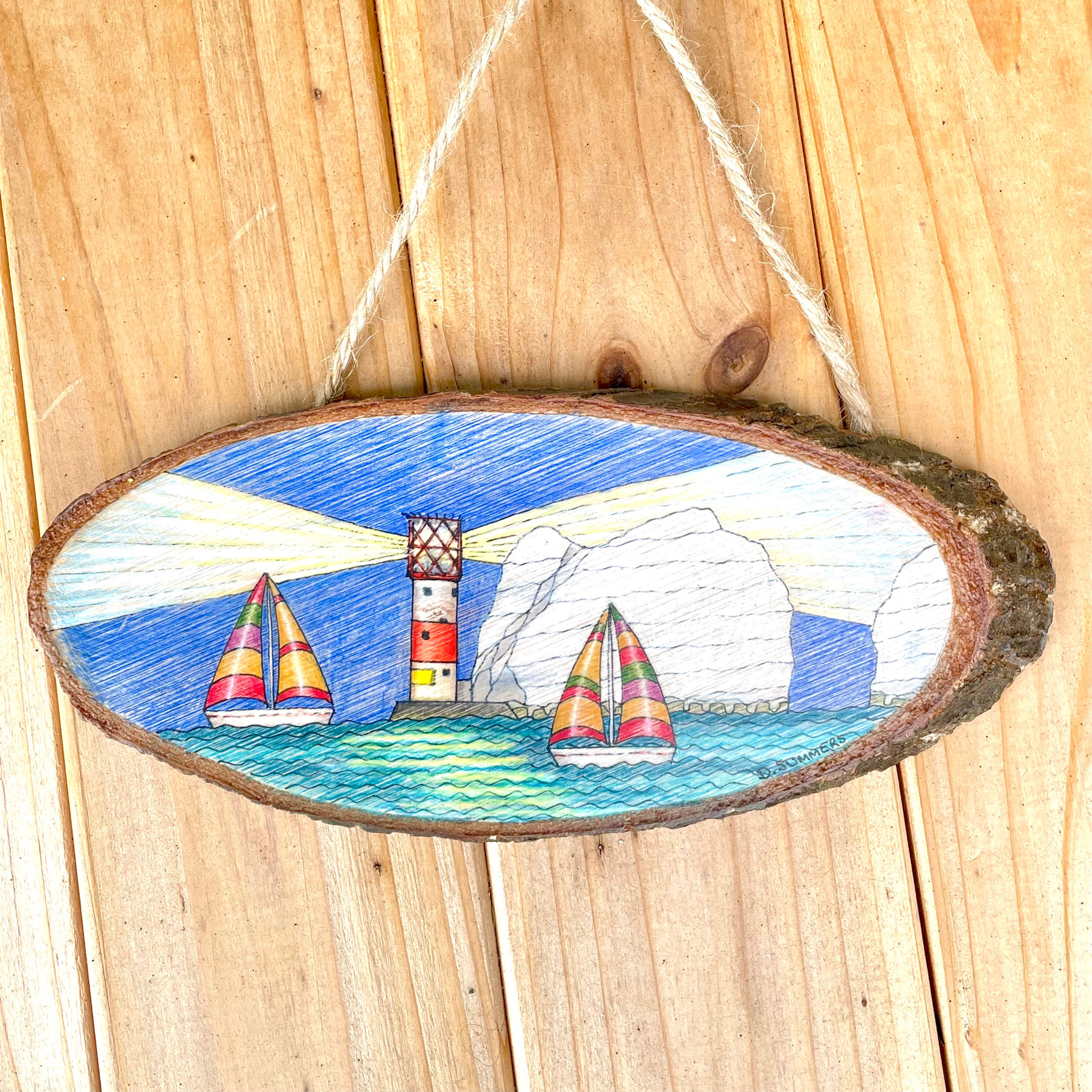Original Isle of Wight Wood Slice Art, The Needles at Night