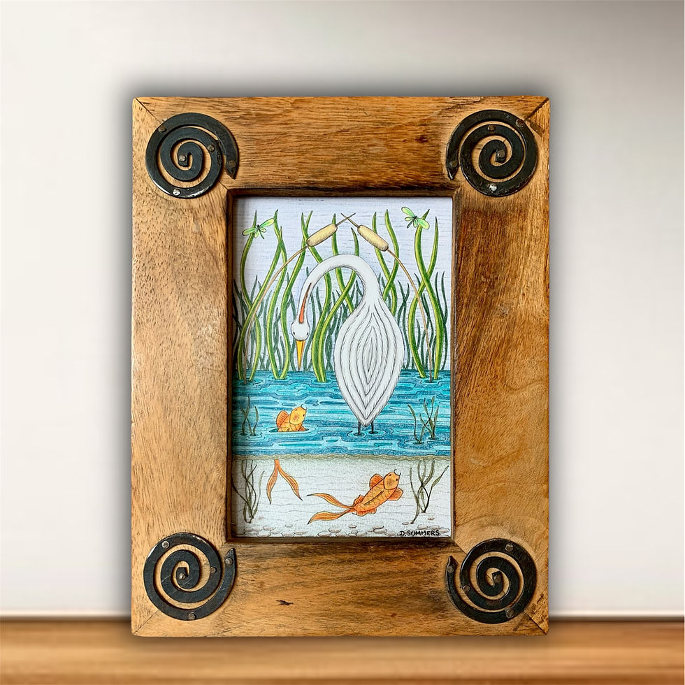 Thumbnail: Framed Original River Scene Drawing, Heron & Fish Artwork