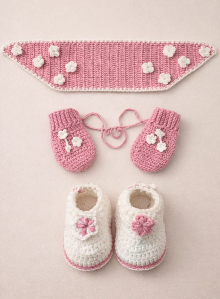 Miniaturbild: Baby Schuhe Schal und Fäustlinge Set