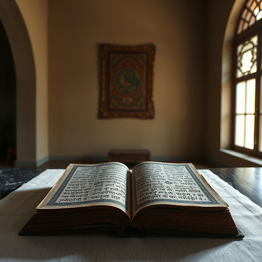 An ancient Sanskrit manuscript in a quiet, well-lit room on a table.jpg