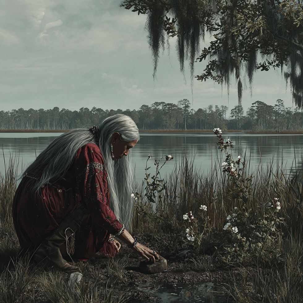 An older indigenous woman digging in the ground